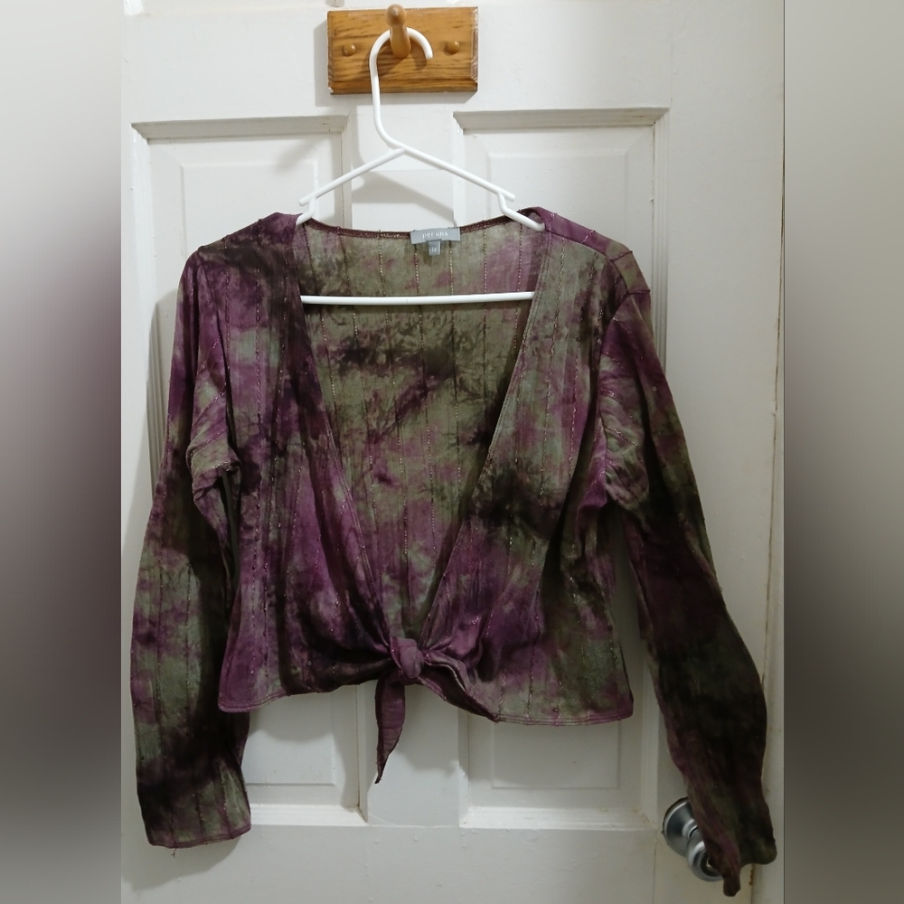 Per Una Purple and Green Shimmer Tie-Dye Tie Front Blouse, UK14, US 10/12
